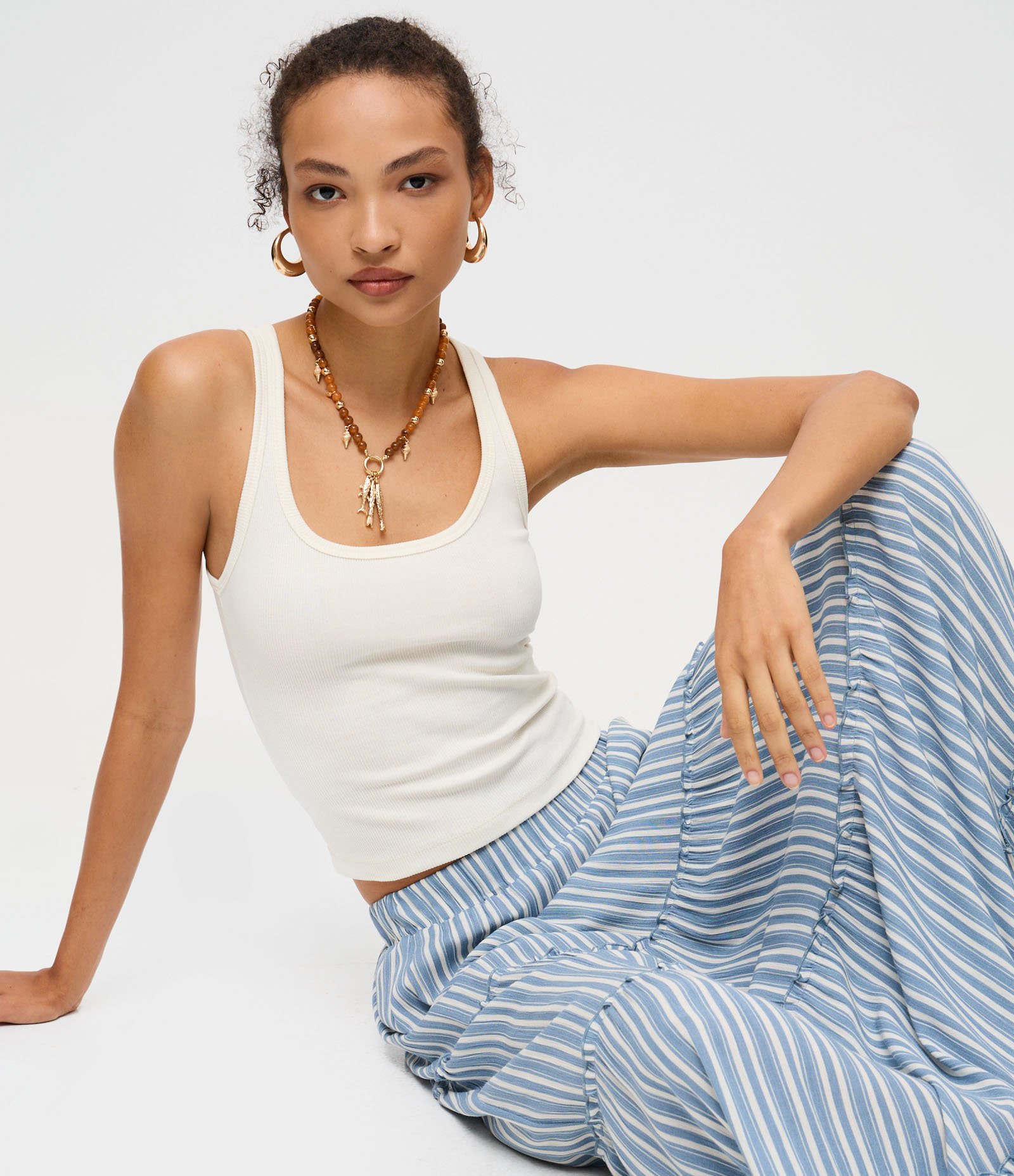 Saia Longa em Viscolinho com Estampa de Listras e Marias Azul 3