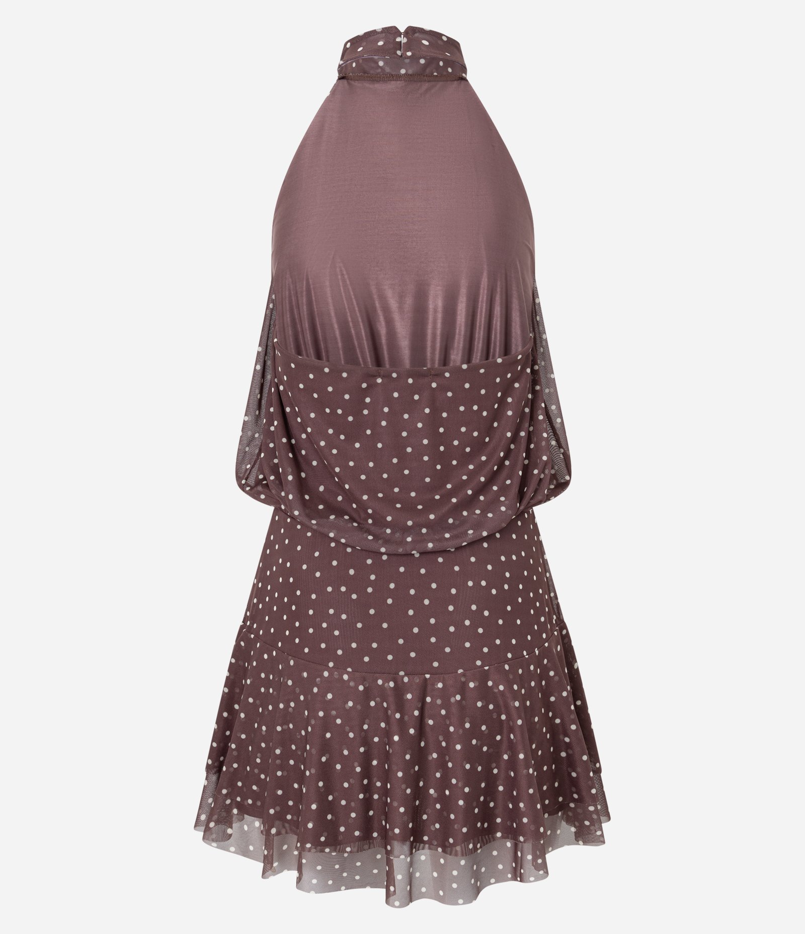 Vestido Frente Única Curto em Tule com Estampa Poá Marrom 6