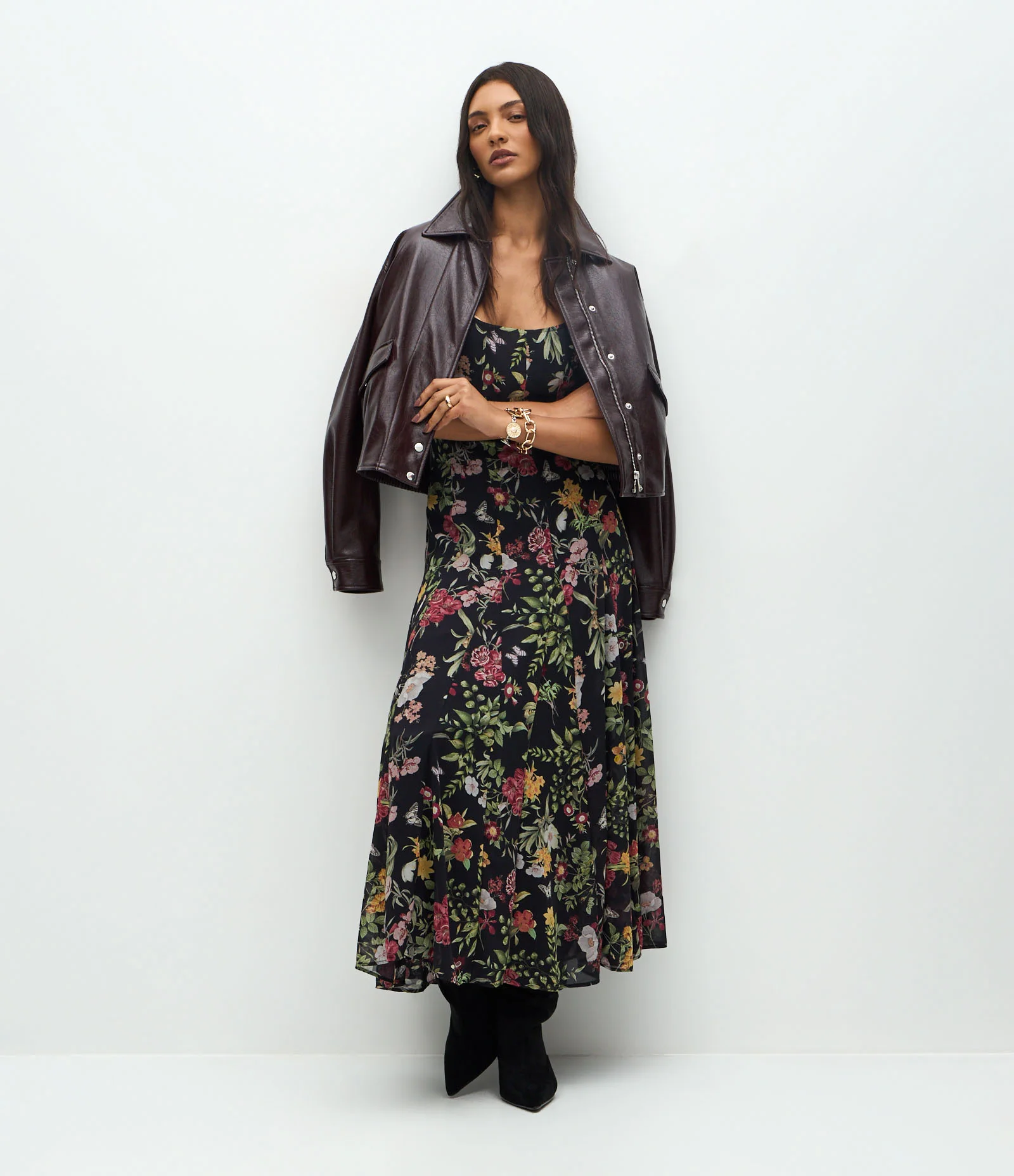 Vestido Long Midi em Chiffon Floral Preto 1