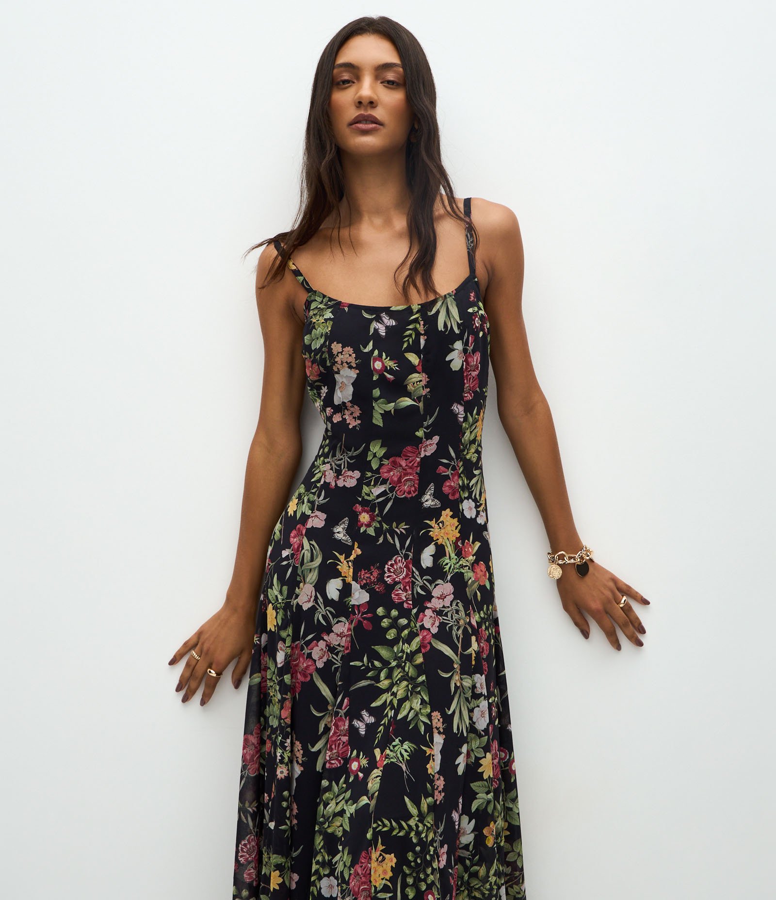 Vestido Long Midi em Chiffon Floral Preto 2