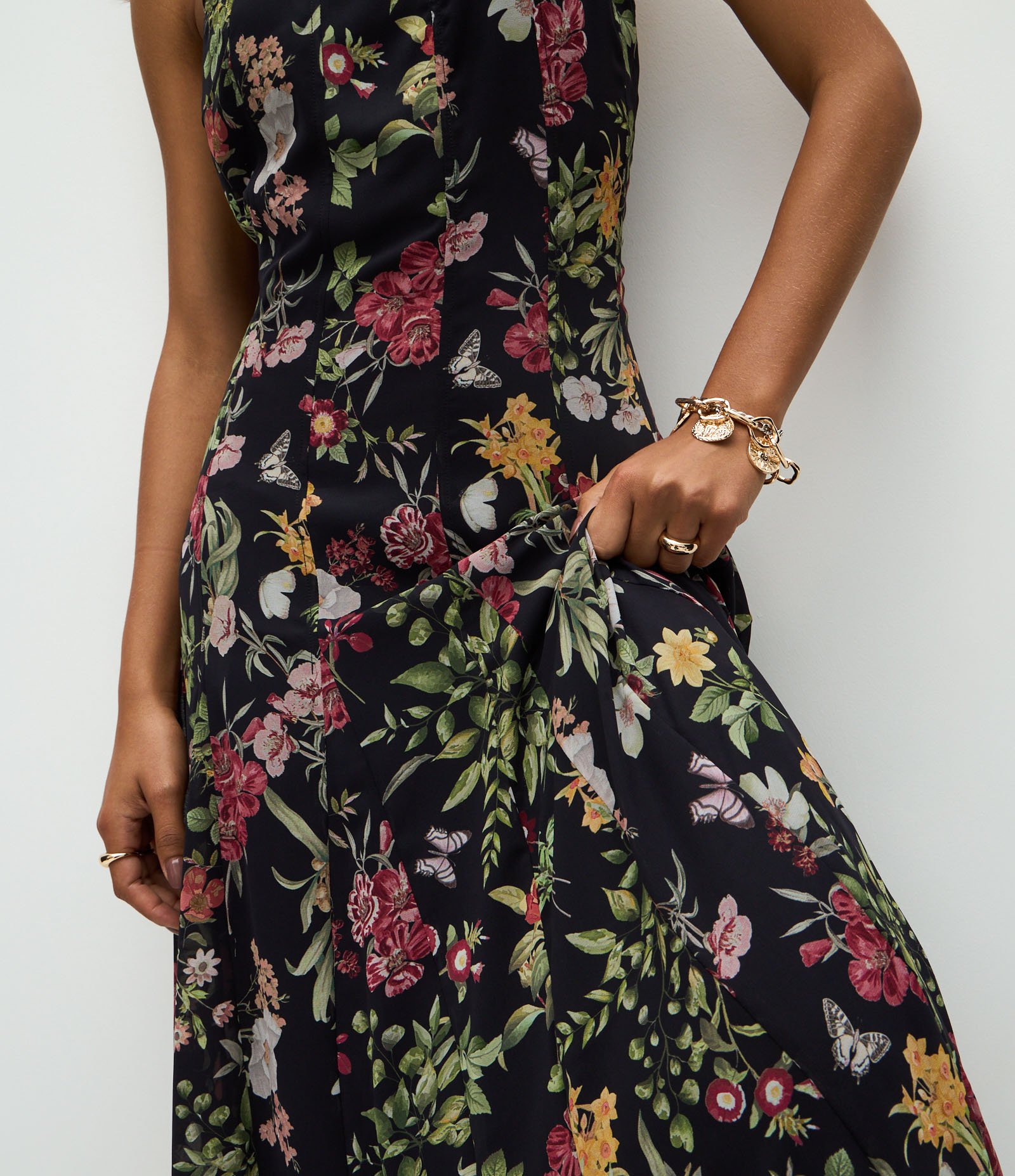 Vestido Long Midi em Chiffon Floral Preto 3