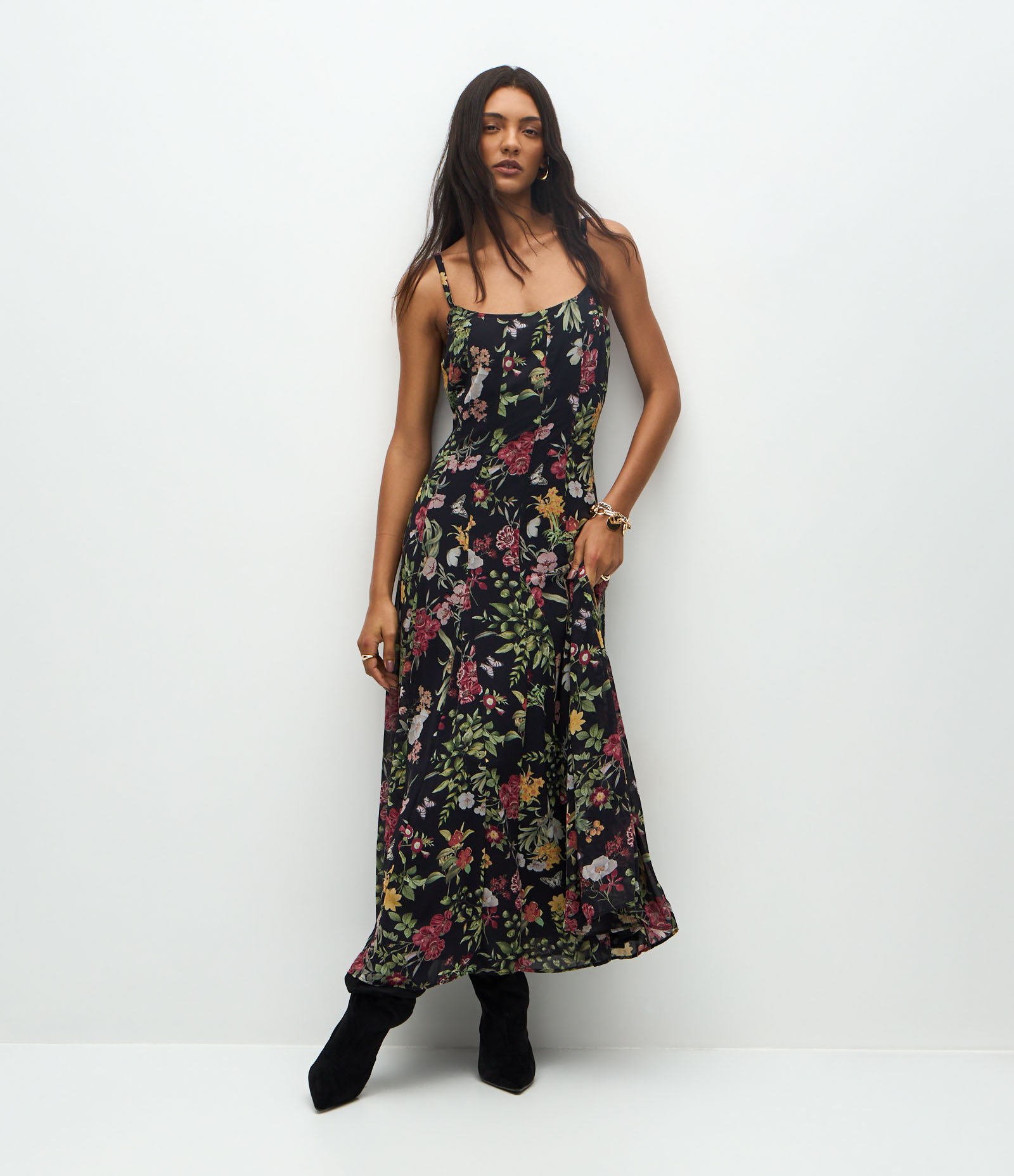 Vestido Long Midi em Chiffon Floral Preto 4