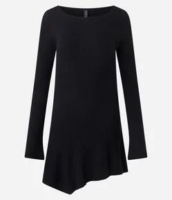Vestido em Tricô com Decote Ombro a Ombro e Manga Alongada