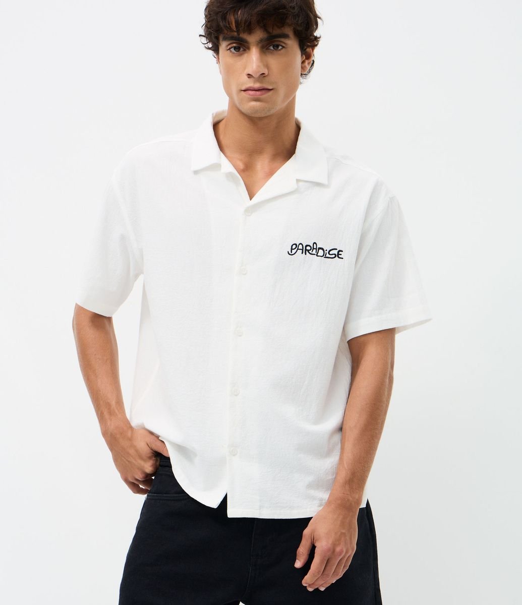 Camisa Boxy em Algodão Texturizado com Estampa Paradise Branco