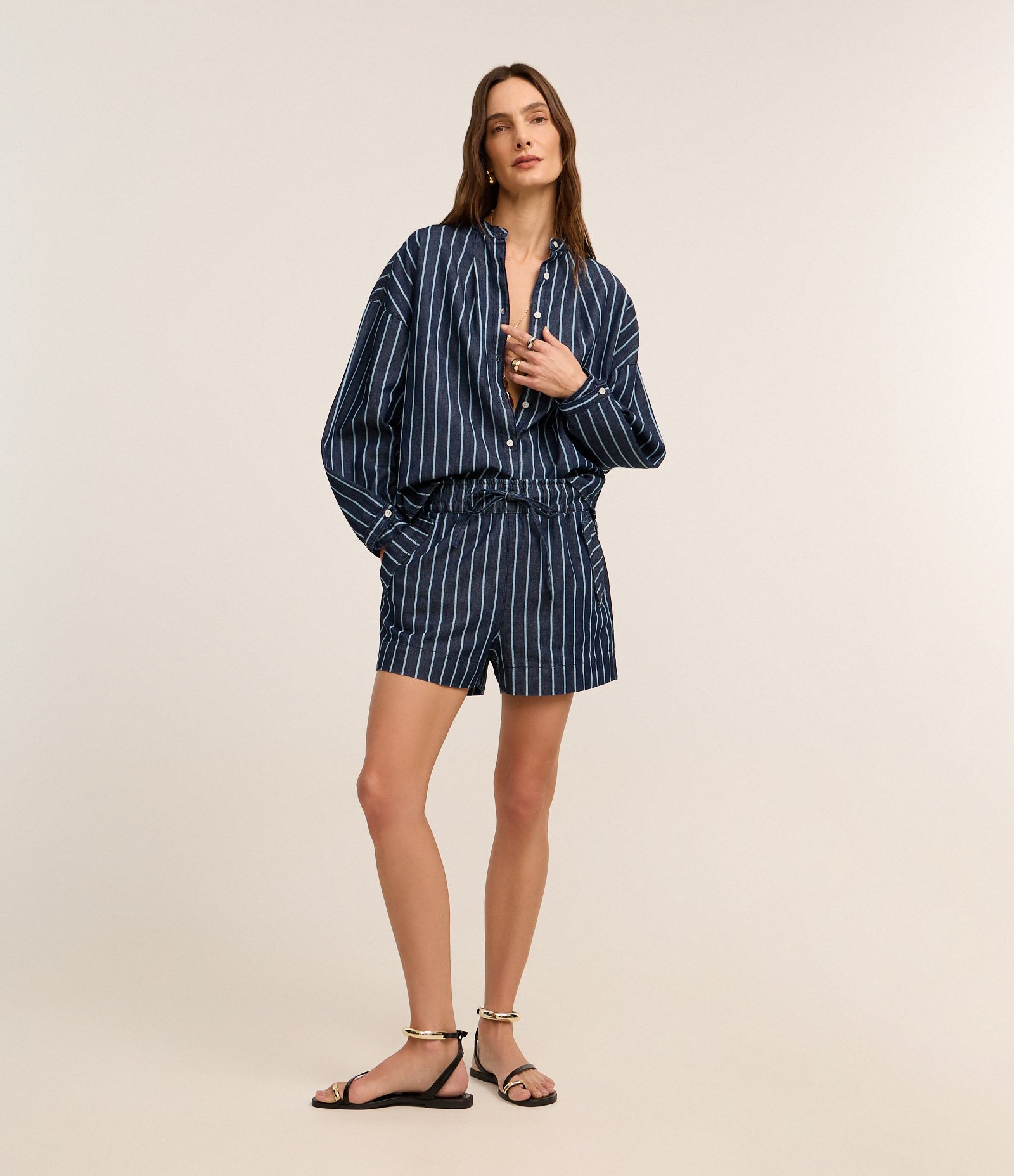 Camisa em Jeans com Gola Padre e Listras Azul 2