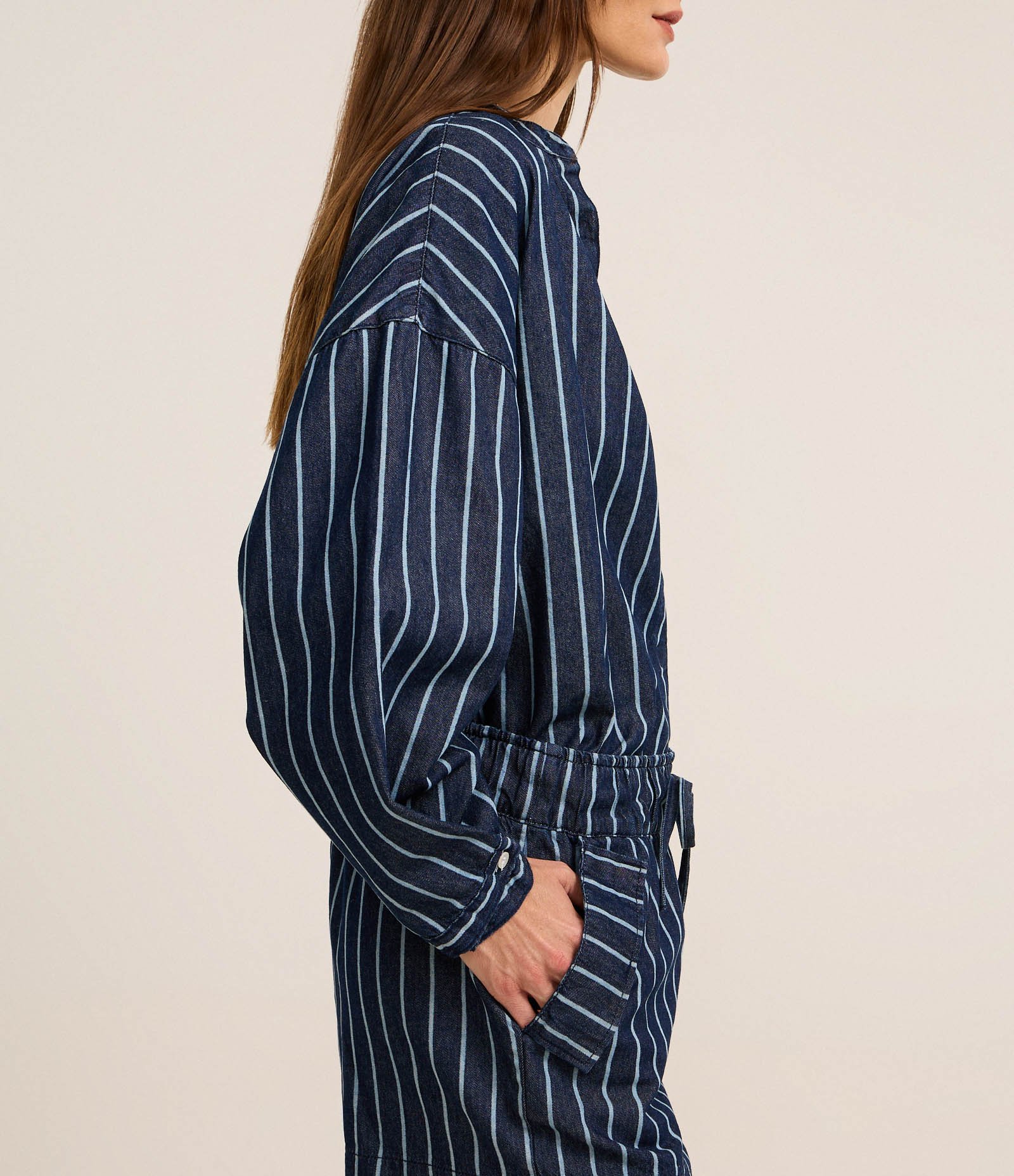 Camisa em Jeans com Gola Padre e Listras Azul 3