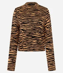 Blusa em Tricô com Manga Longa e Estampa Animal Print