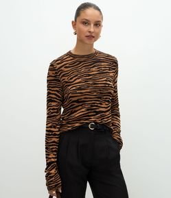 Blusa em Tricô com Manga Longa e Estampa Animal Print