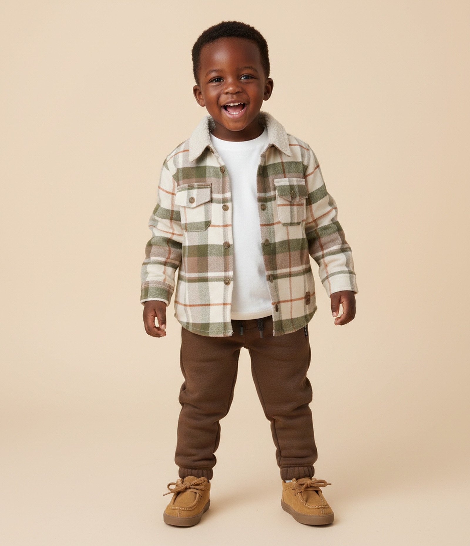 Camisa Infantil em Sarja Xadrez com Sherpa na Gola - Tam 1 a 6 Anos Bege 1
