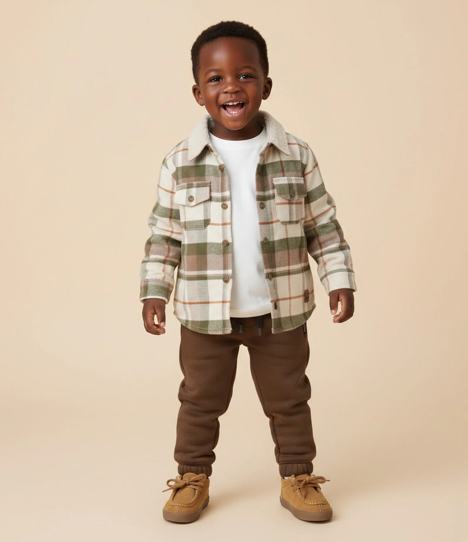 Camisa Infantil em Sarja Xadrez com Sherpa na Gola - Tam 1 a 6 Anos Bege 2