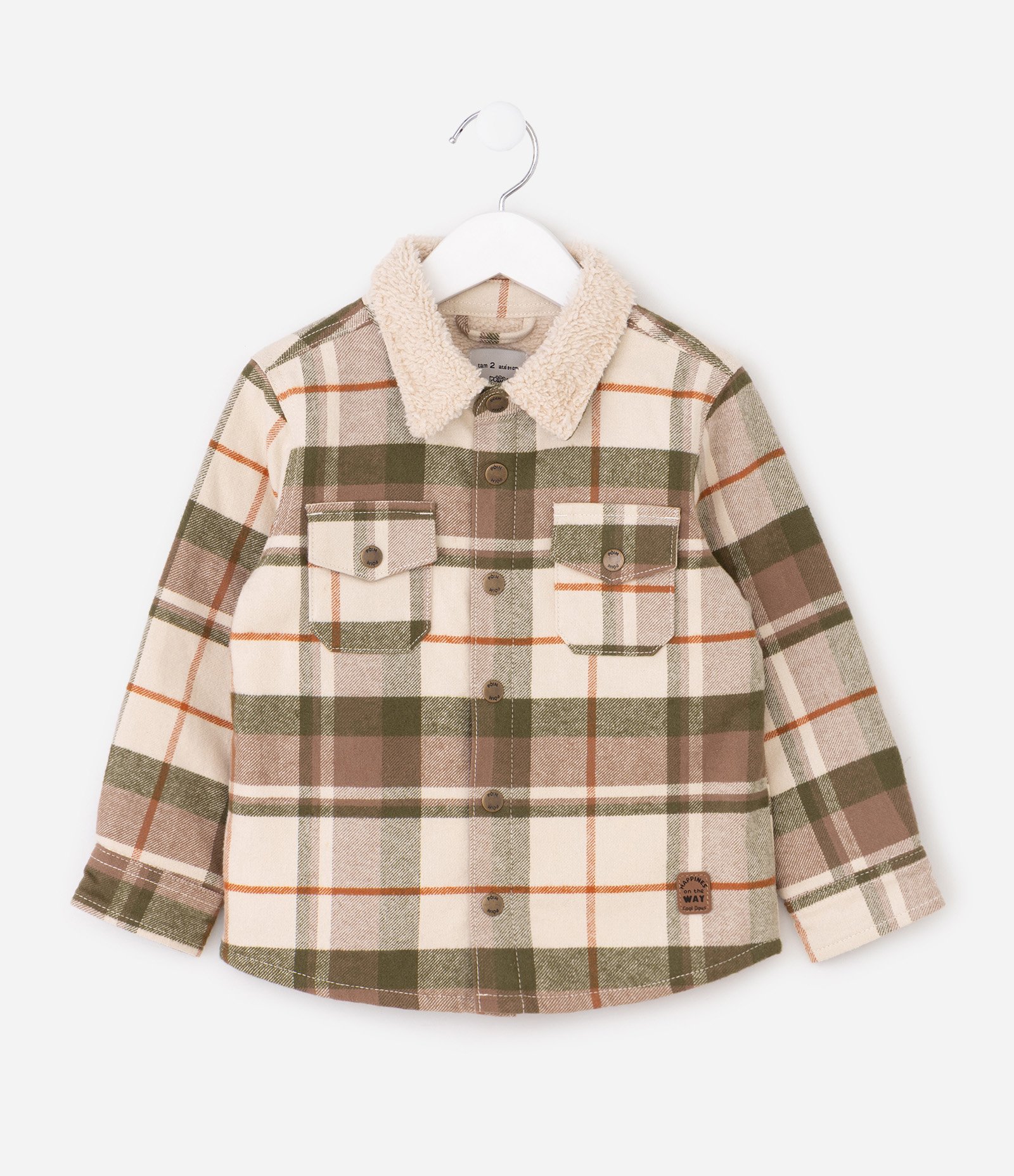 Camisa Infantil em Sarja Xadrez com Sherpa na Gola - Tam 1 a 6 Anos Bege 3