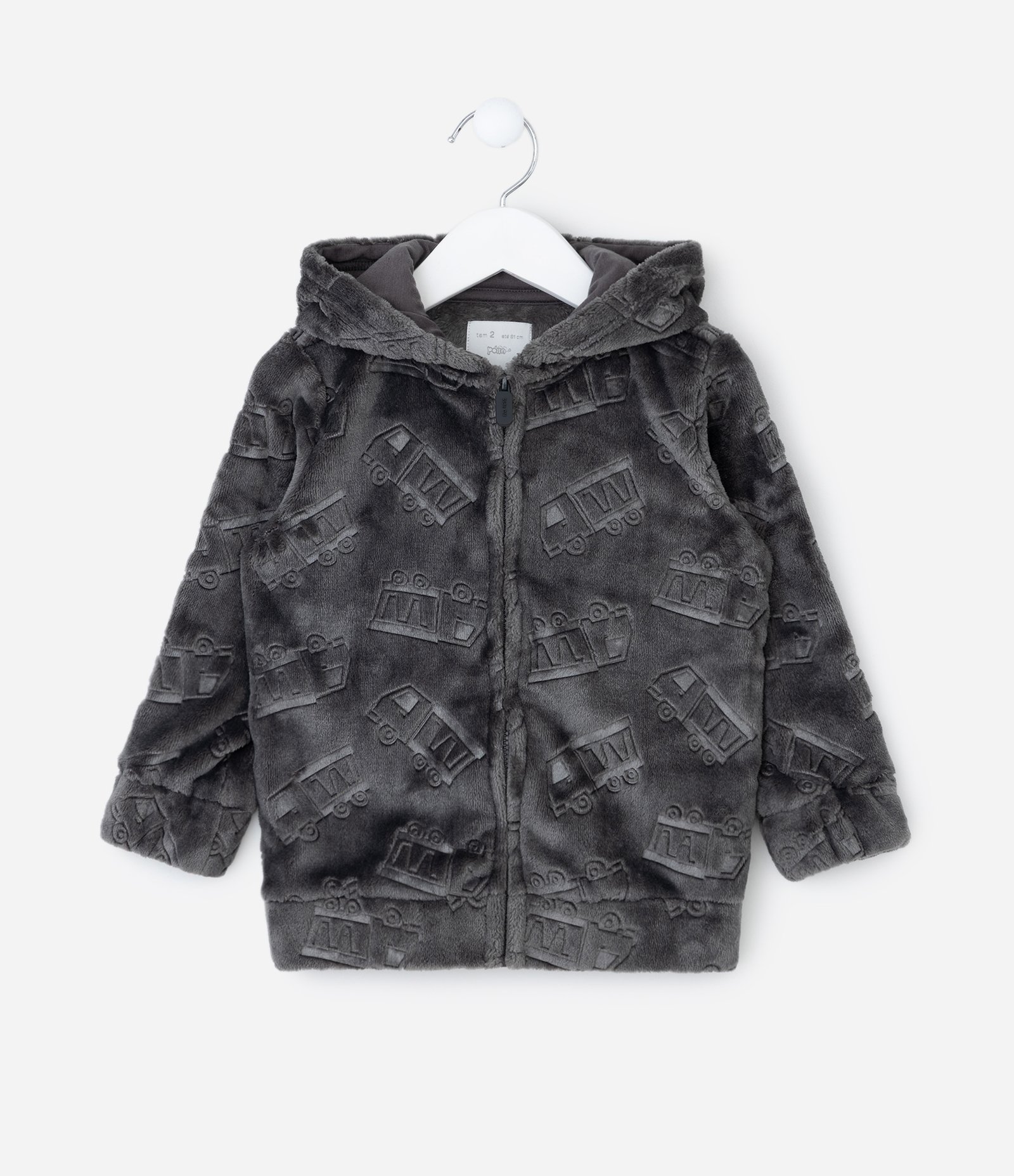 Casaco Infantil com Capuz e Estampa Caminhões em Relevo – Tam 1 a 6 Anos Cinza Grafite 1