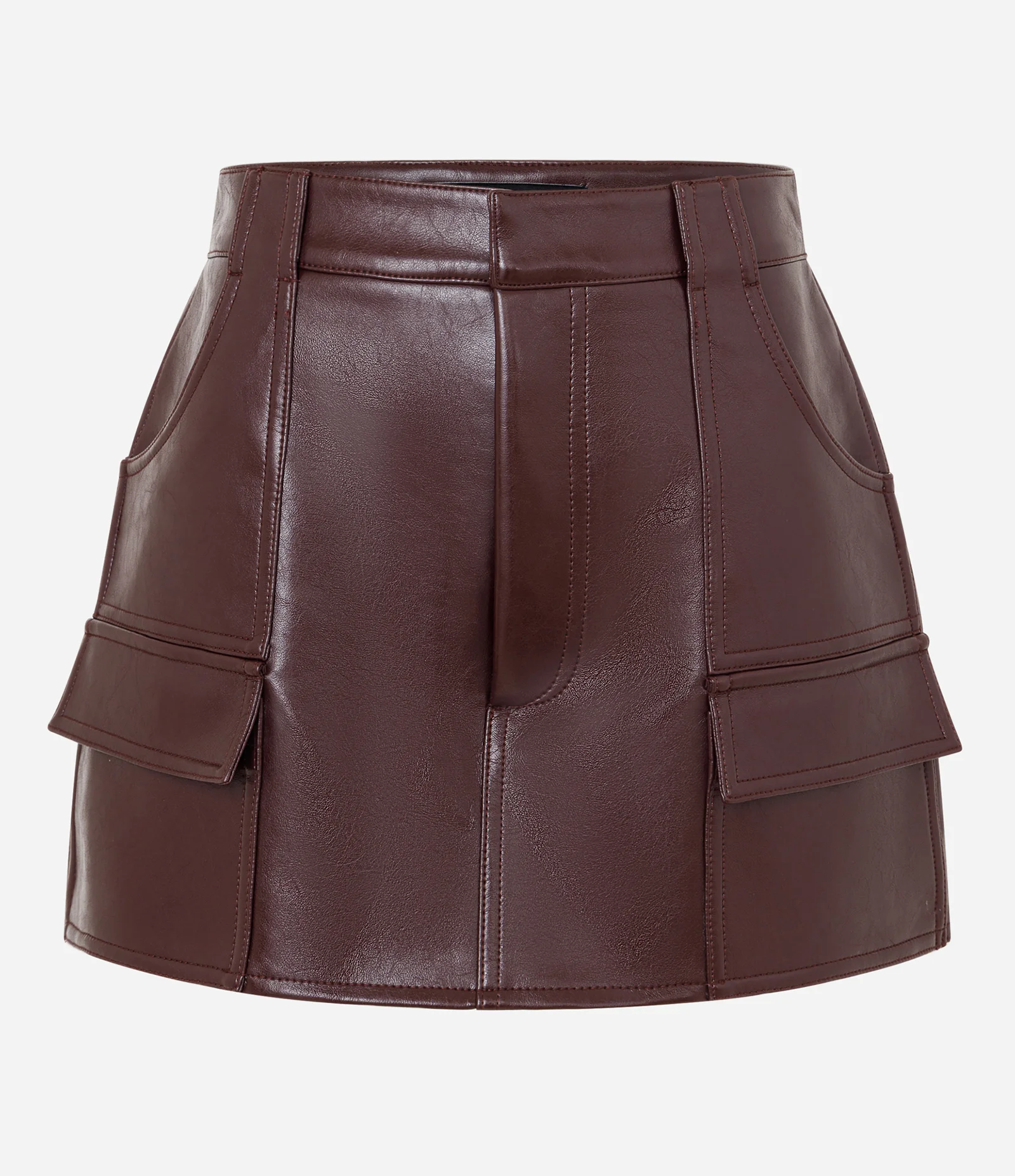 Short Saia Curto em PU com Bolsos Frontais Marrom 5