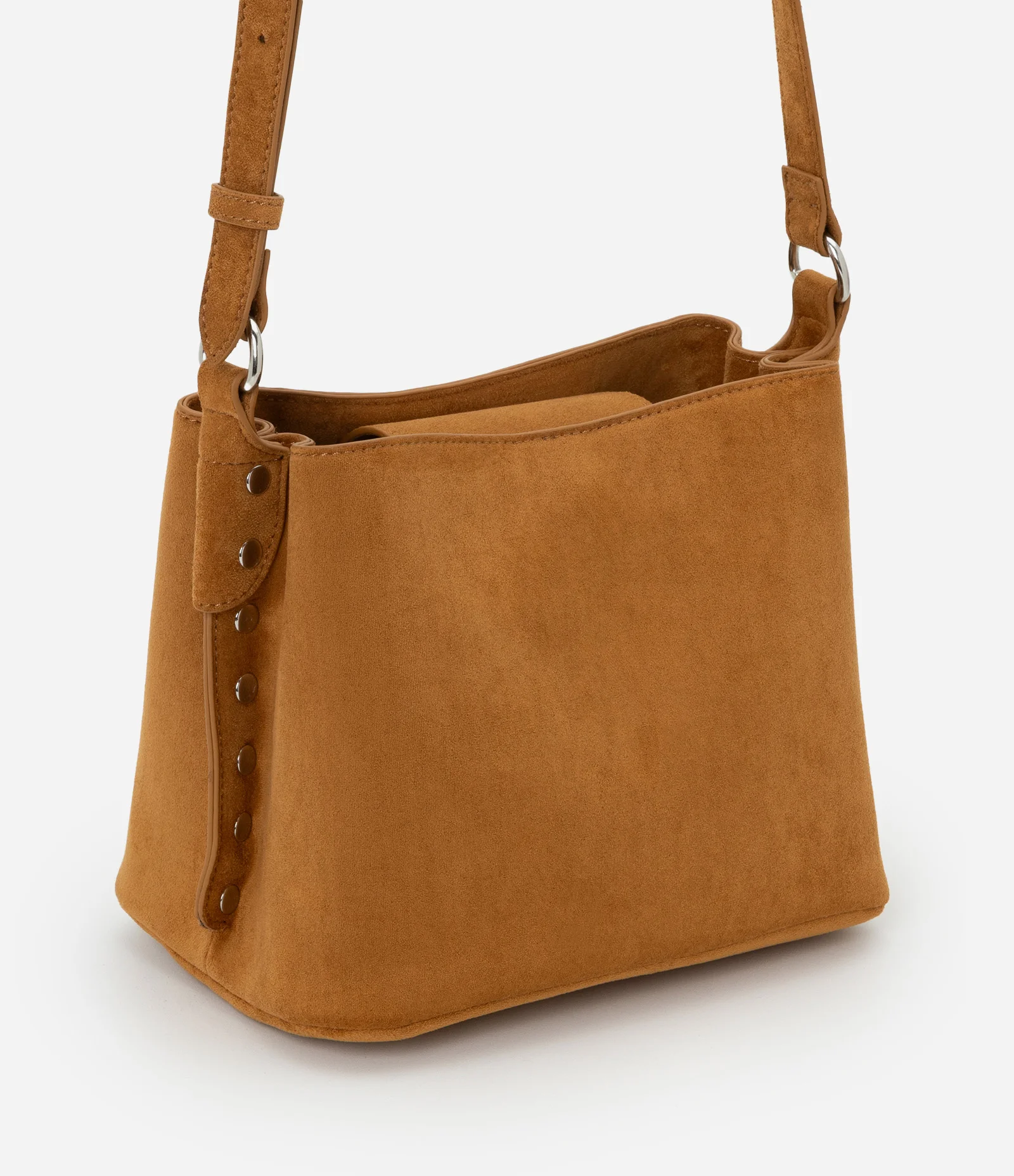 Bolsa Média Transversal em Suede com Detalhes Metalizados Marrom 1