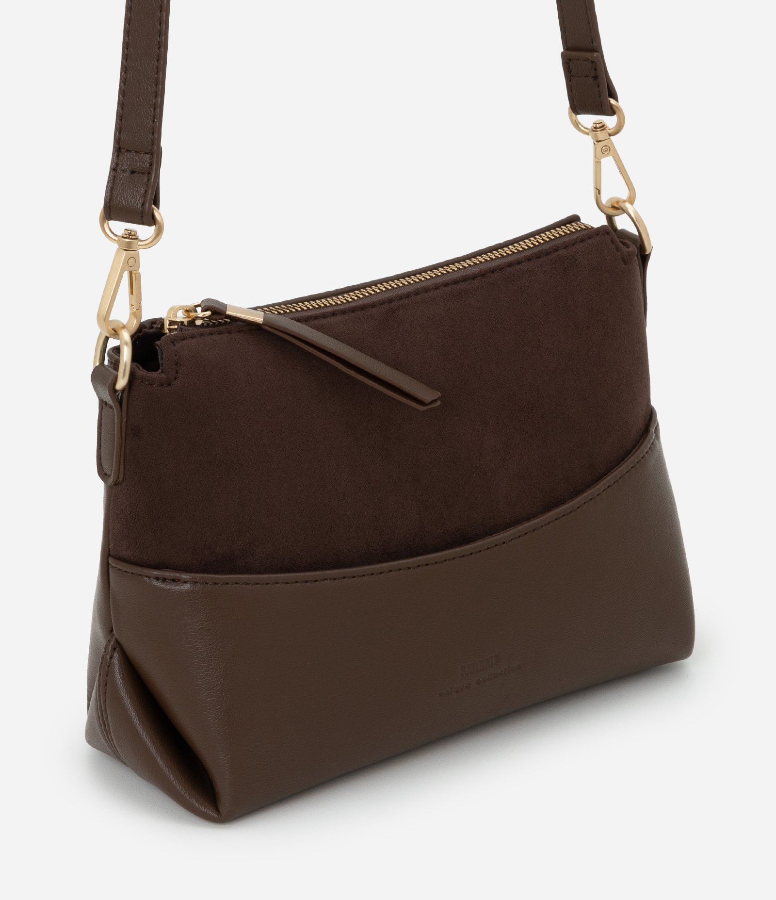 Bolsa Transversal Pequena em PU com Zíper Marrom 1