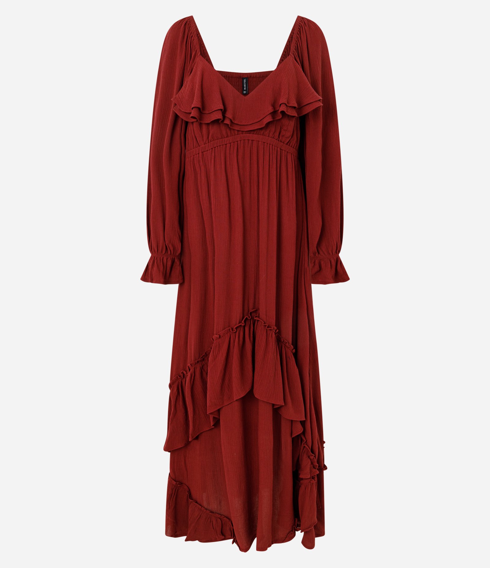 Vestido Longo Texturizado em Crinckle com Babados e Manga Bufante Vermelho 1