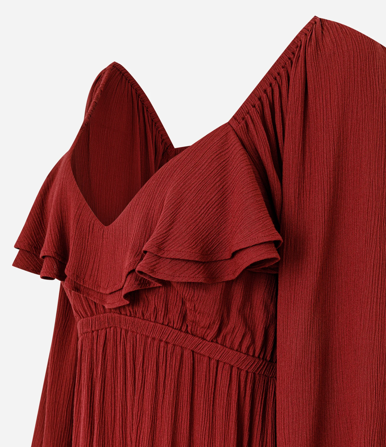 Vestido Longo Texturizado em Crinckle com Babados e Manga Bufante Vermelho 2