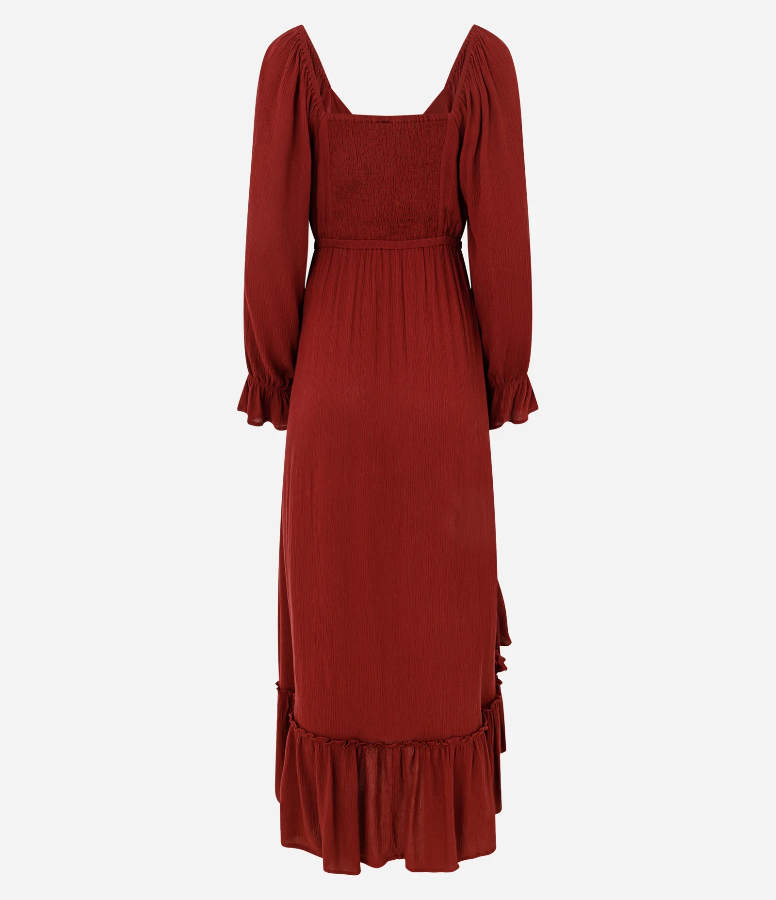 Vestido Longo Texturizado em Crinckle com Babados e Manga Bufante Vermelho 3