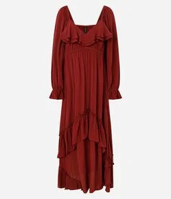 Vestido Longo Texturizado em Crinckle com Babados e Manga Bufante