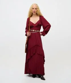 Vestido Longo Texturizado em Crinckle com Babados e Manga Bufante