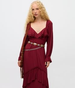 Vestido Longo Texturizado em Crinckle com Babados e Manga Bufante