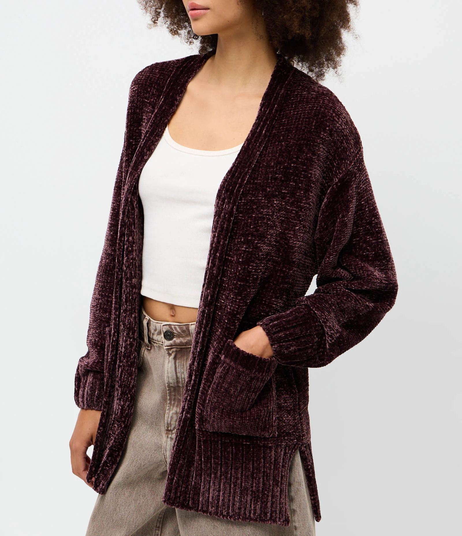 Cardigan Alongado em Tricô Chenille Canelado com Fendas Laterais Bordô 3