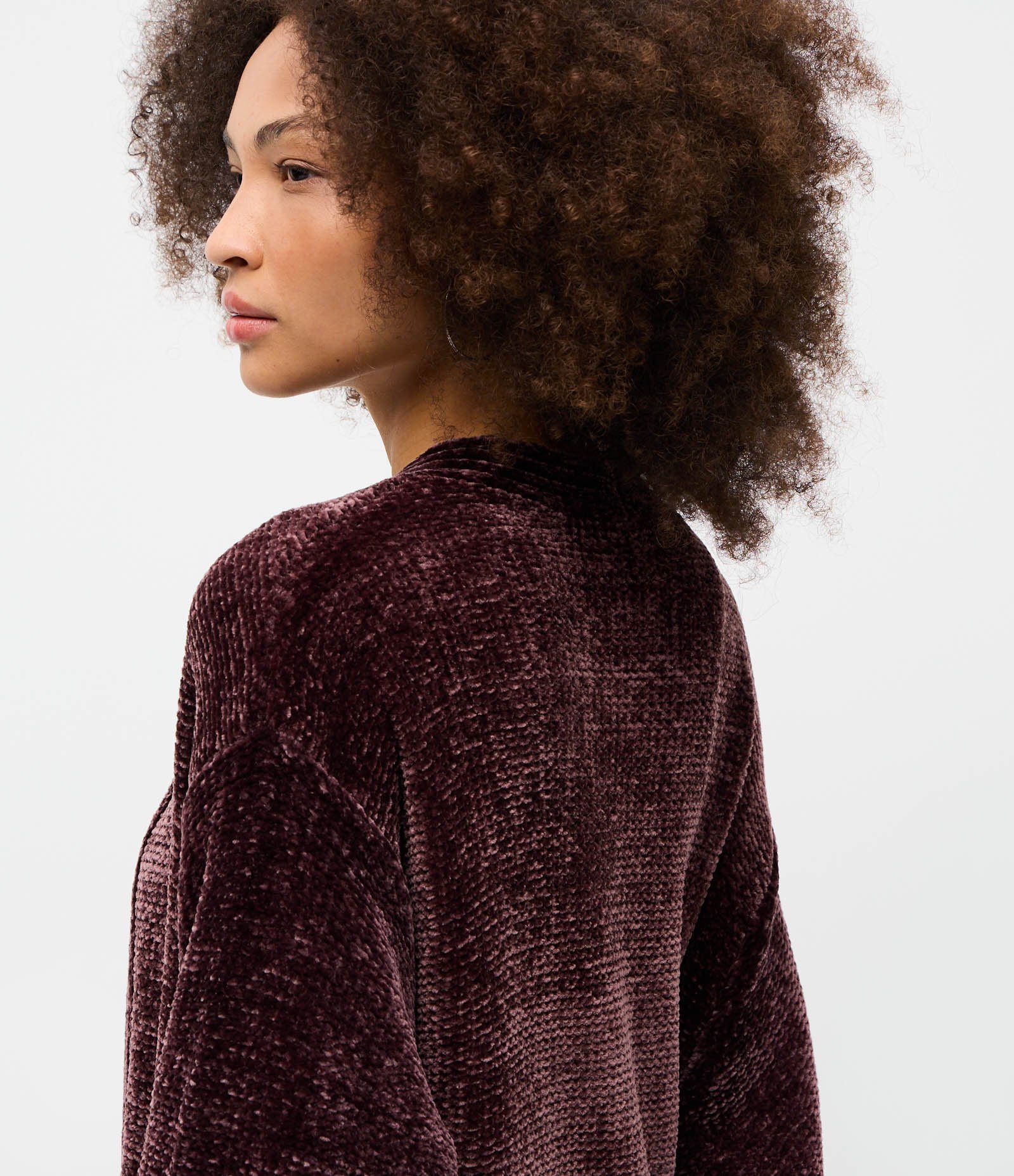 Cardigan Alongado em Tricô Chenille Canelado com Fendas Laterais Bordô 4