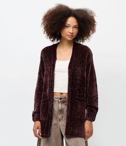 Cardigan Alongado em Tricô Chenille Canelado com Fendas Laterais
