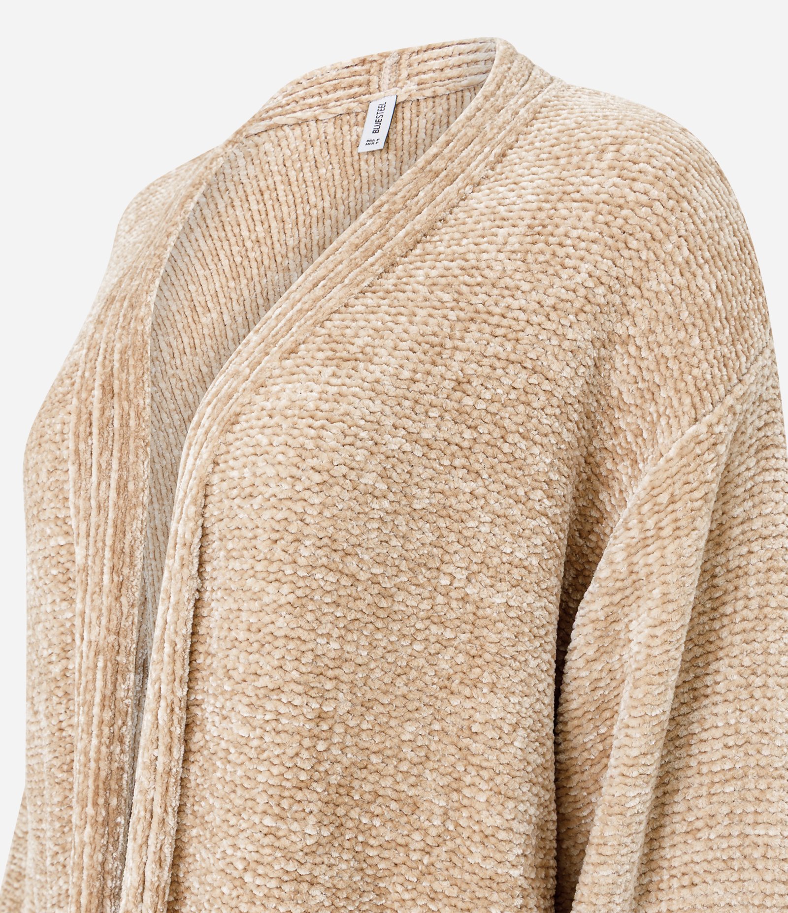 Casaco Alongado em Tricô Chenille Canelado com Fendas Laterais Bege 2