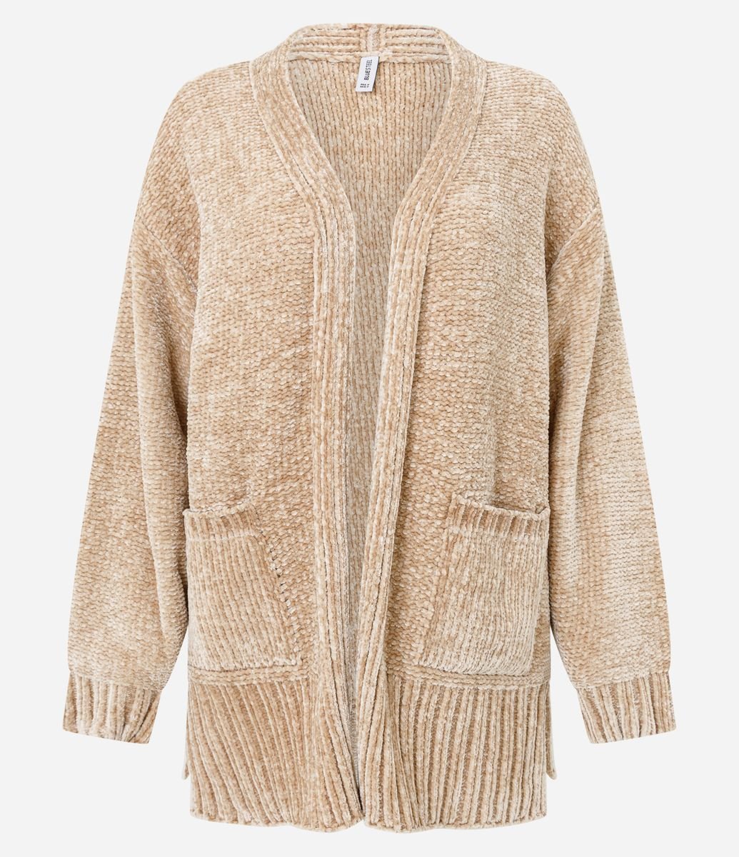 Cardigan Alongado em Tricô Chenille Canelado com Fendas Laterais Bege