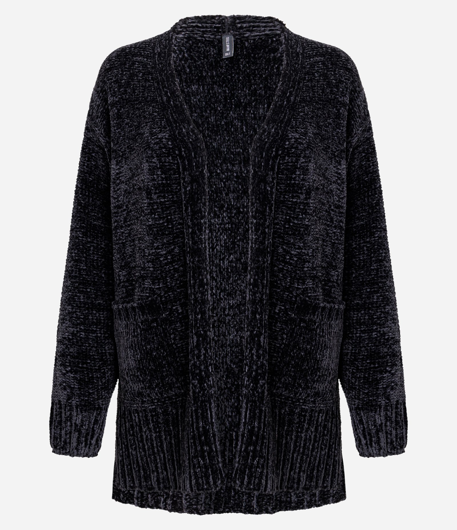 Casaco Alongado em Tricô Chenille Canelado com Fendas Laterais Preto 1