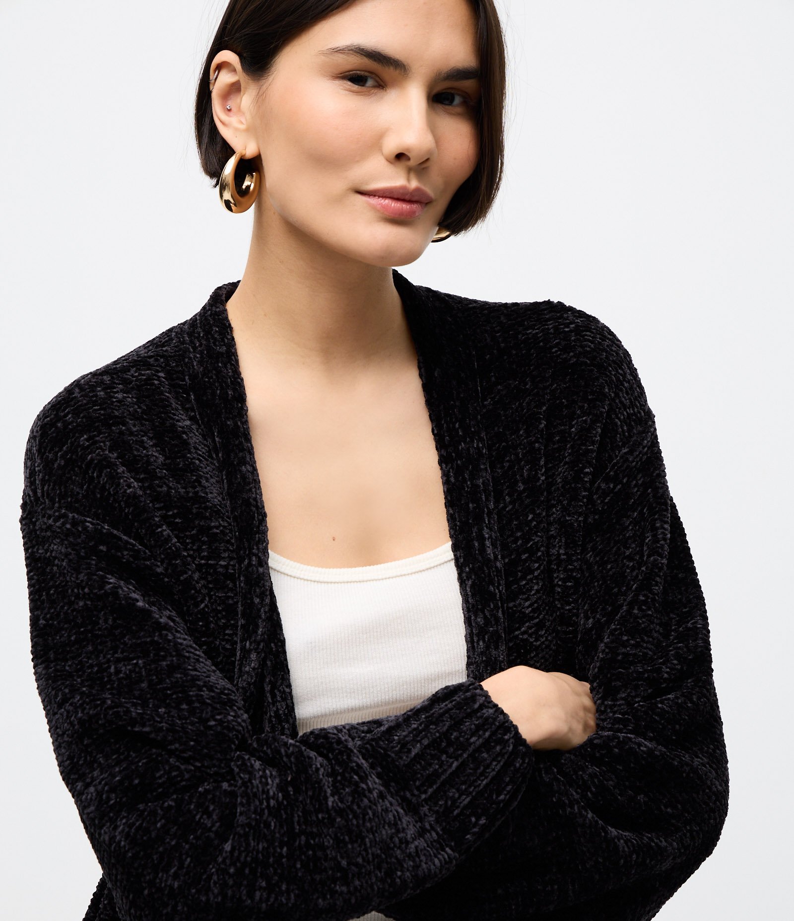Cardigan Alongado em Tricô Chenille Canelado com Fendas Laterais Preto 3