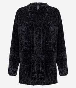 Casaco Alongado em Tricô Chenille Canelado com Fendas Laterais