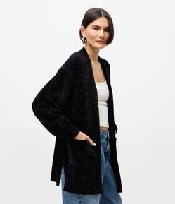 Cardigan Alongado em Tricô Chenille Canelado com Fendas Laterais
