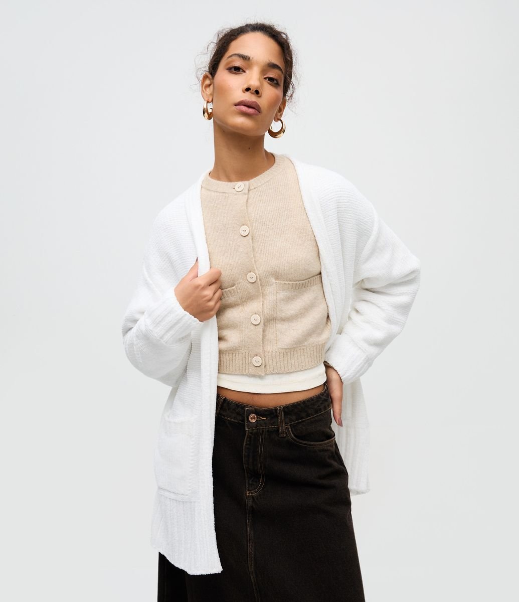 Cardigan Alongado em Tricô Chenille Canelado com Fendas Laterais