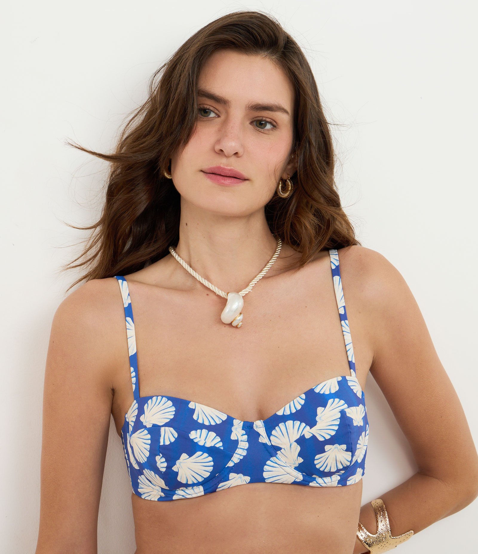 Biquíni Top Meia Taça Em Microfibra Com Estampa Conchas Azul 1