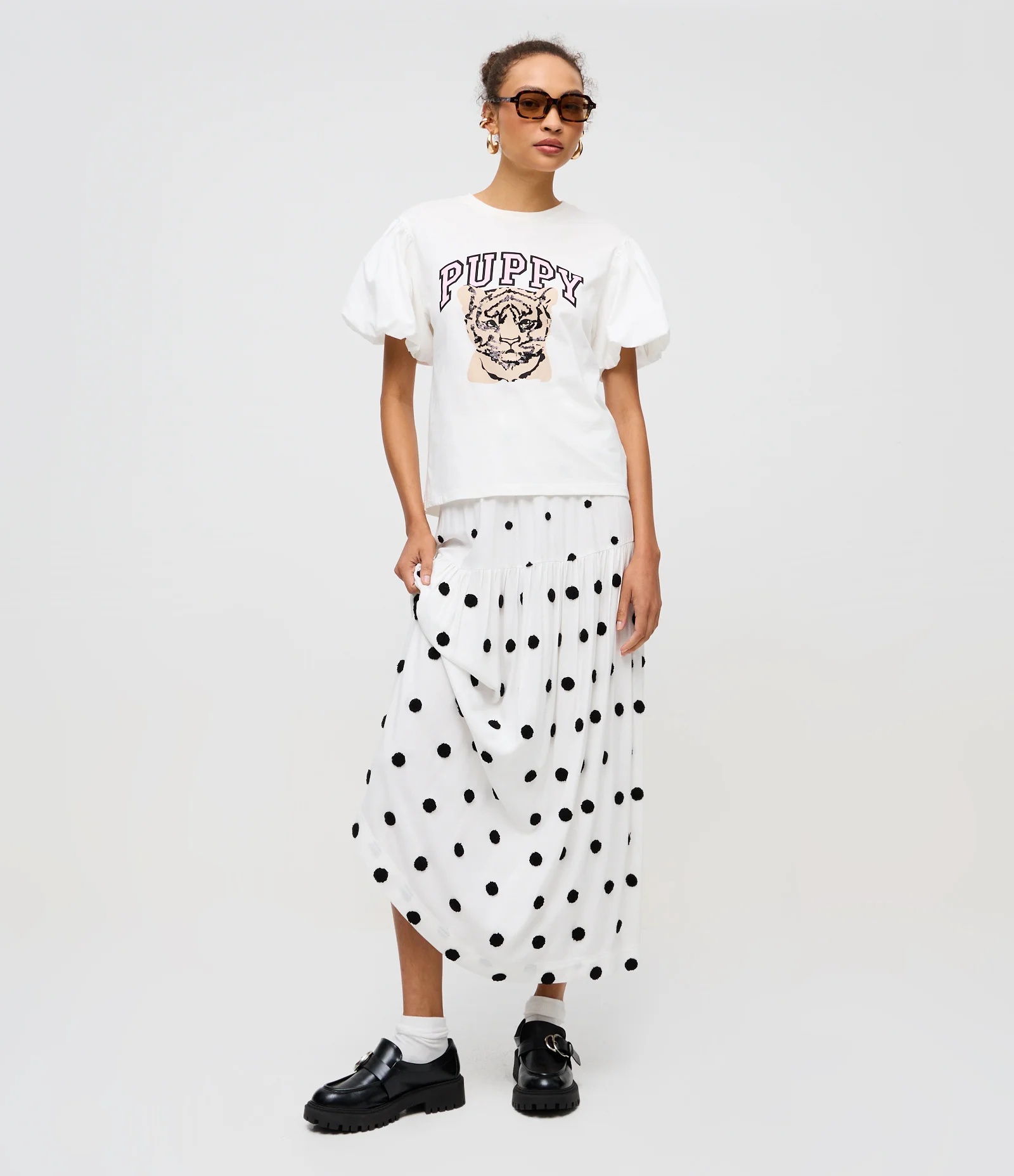 Saia Long Midi com Marias e Estampa Poá Branco 1