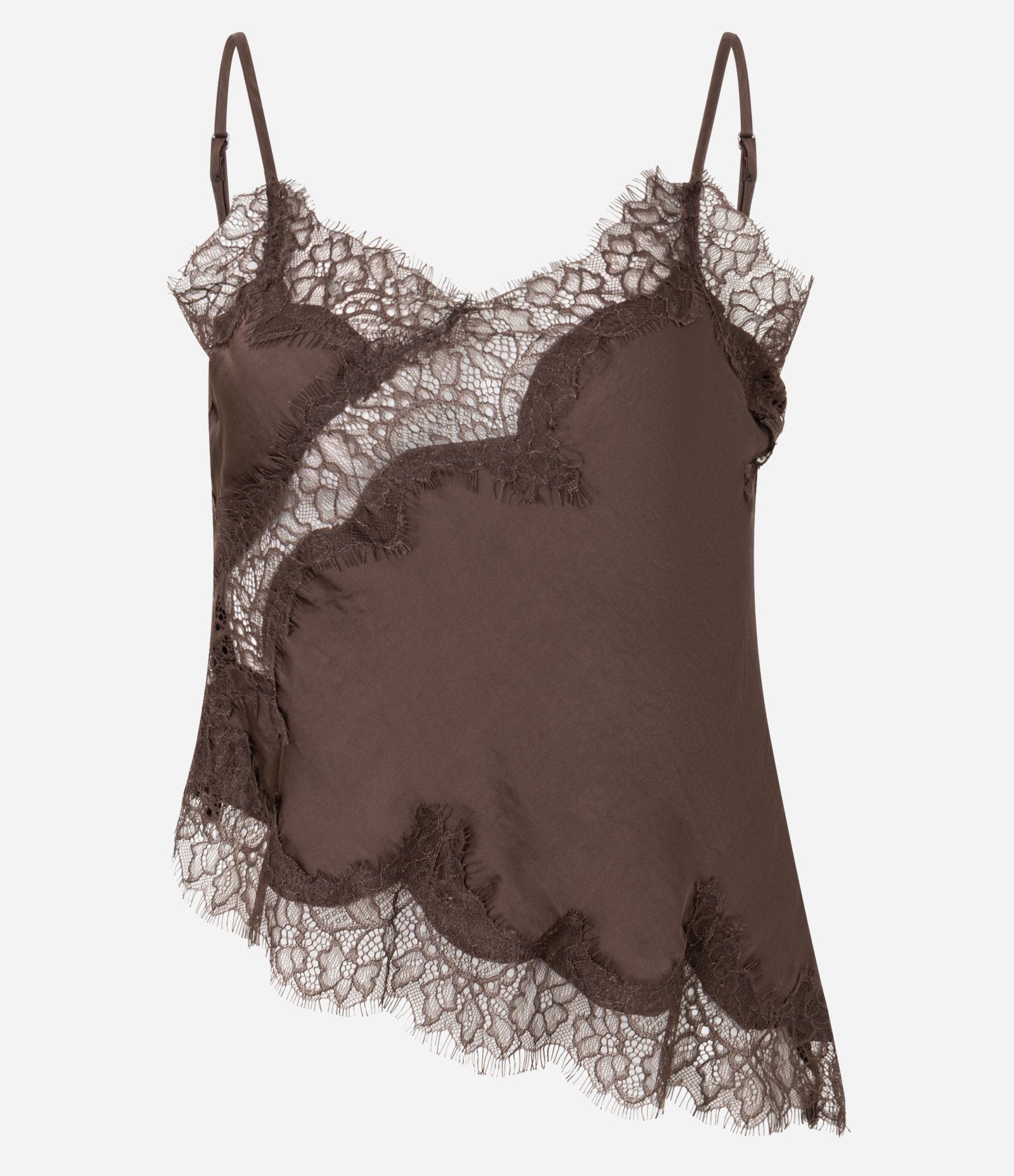 Blusa em Cetim com Renda com Barra Assimétrica Marrom 6