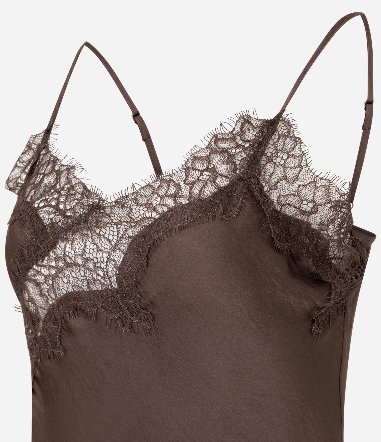 Blusa em Cetim com Renda com Barra Assimétrica Marrom 7