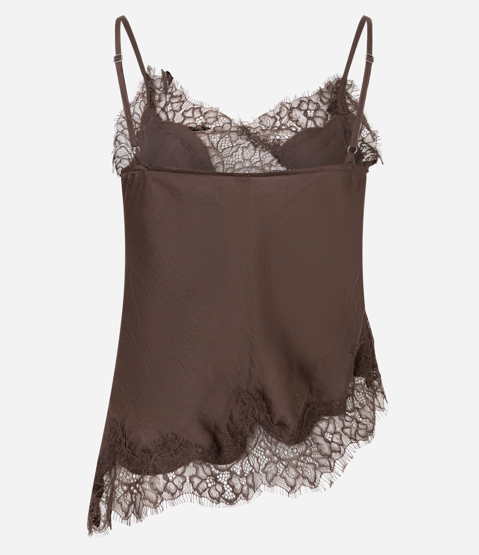 Blusa em Cetim com Renda com Barra Assimétrica Marrom 8