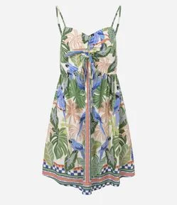 Vestido Curto em Viscose Estampa Tropical com Amarração no Busto