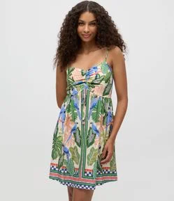 Vestido Curto em Viscose Estampa Tropical com Amarração no Busto