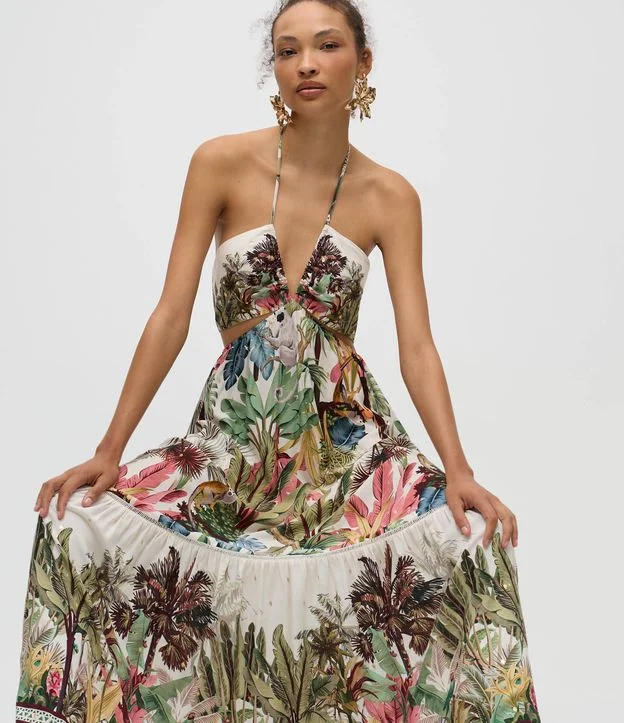Vestido Longo Tropical com Amarração no Pescoço e Detalhe no Busto