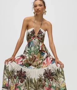 Vestido Longo Tropical com Amarração no Pescoço e Detalhe no Busto