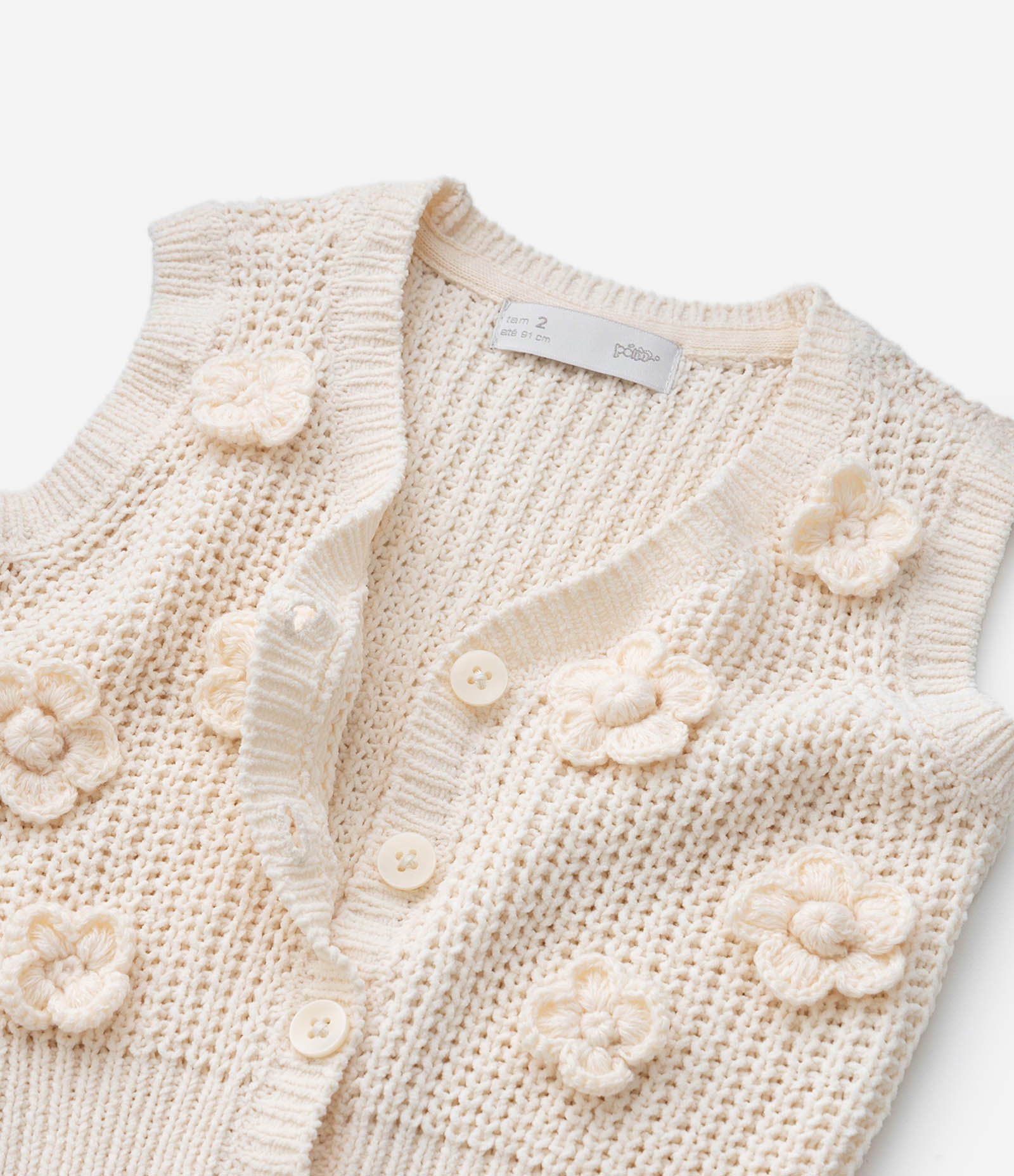 Cardigan Infantil Em Efeito Tricô Com Flor Aplicada Tam 1 A 5/6 Off White 5