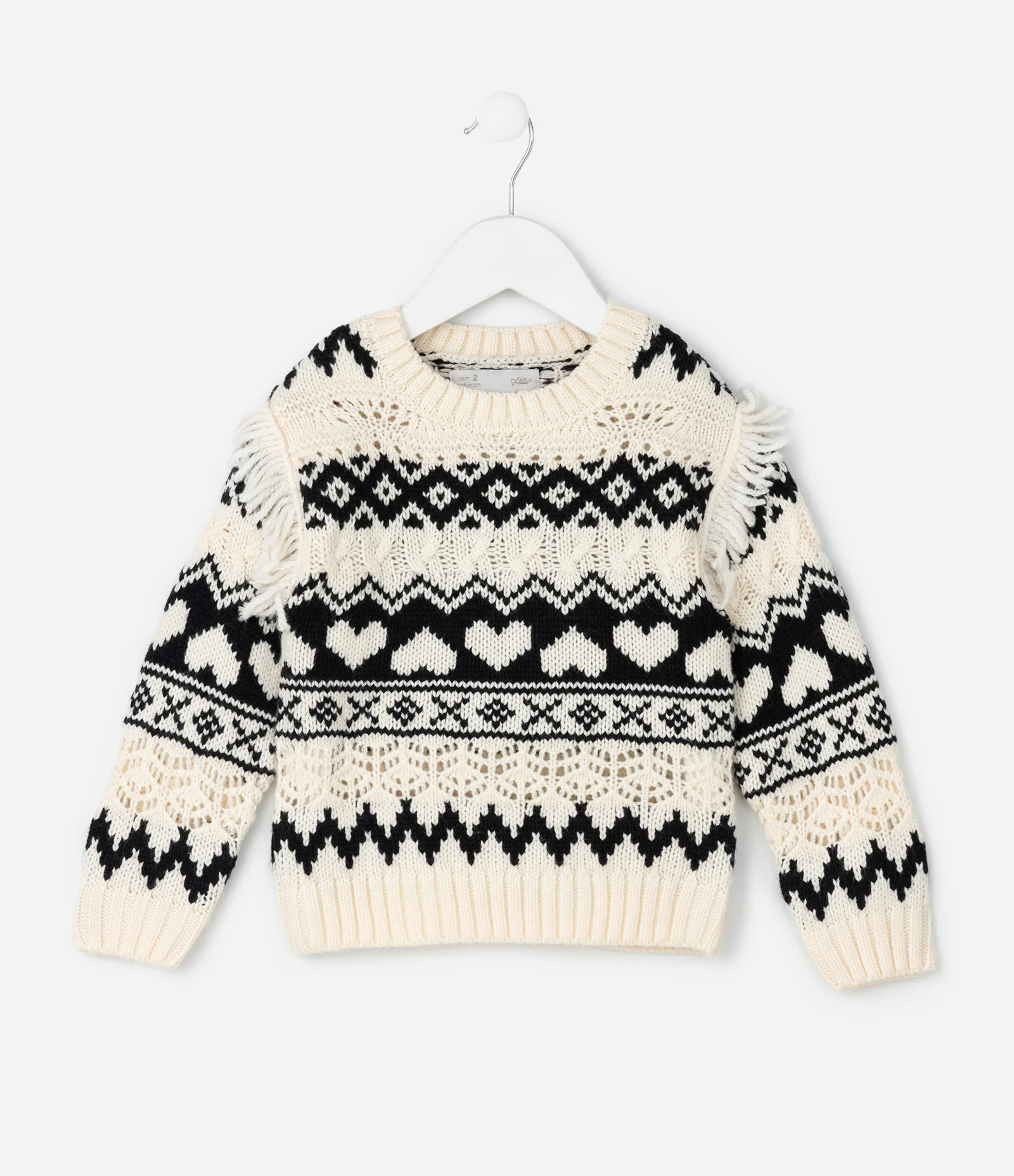 Casaco Infantil em Tricô Jacquard com Estampa Tribal e Franjas – Tam 1 a 6 Anos Preto/Branco 1