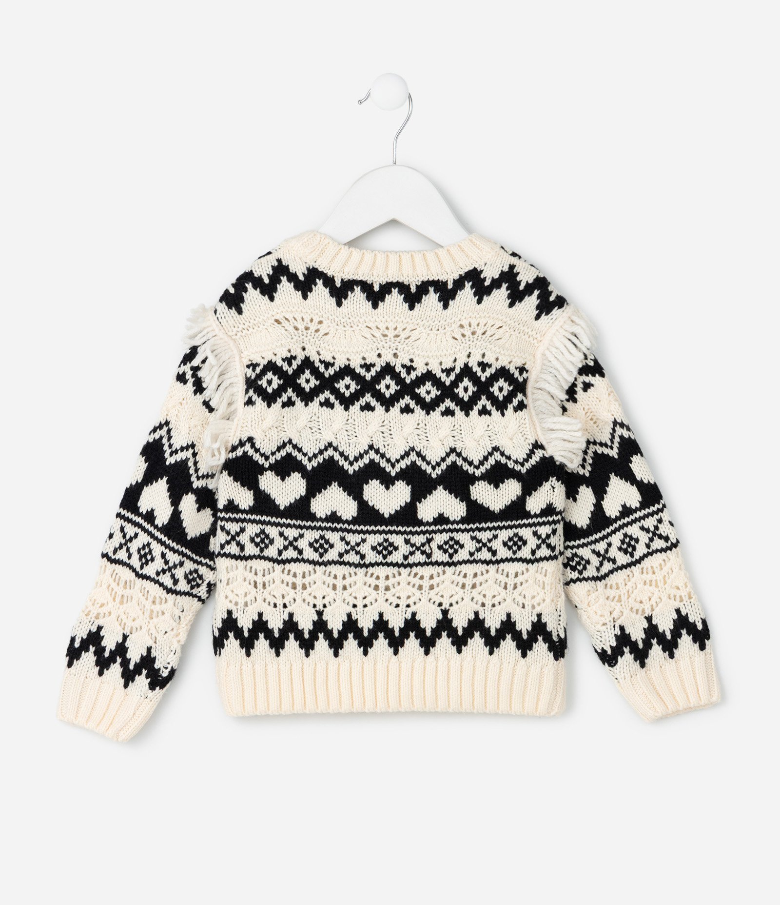 Casaco Infantil em Tricô Jacquard com Estampa Tribal e Franjas – Tam 1 a 6 Anos Preto/Branco 2