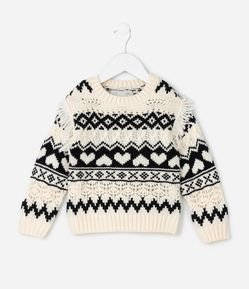 Casaco Infantil em Tricô Jacquard com Estampa Tribal e Franjas – Tam 1 a 6 Anos