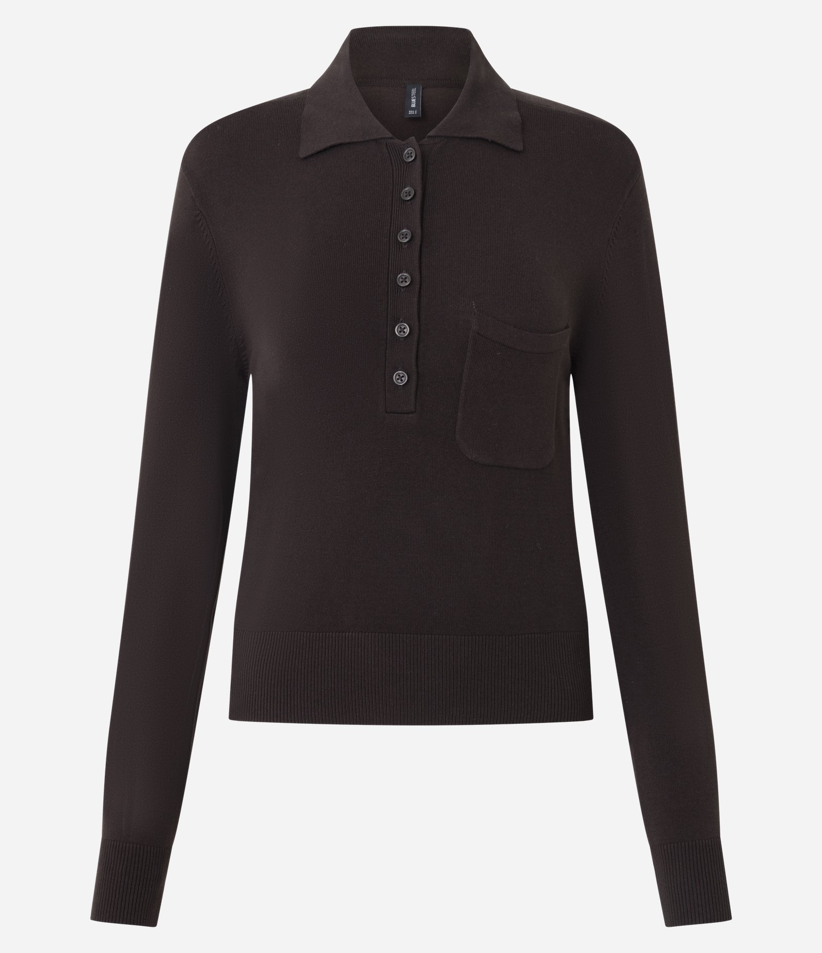 Blusa Manga Longa em Tricô com Gola Polo e Bolso Frontal Marrom 1