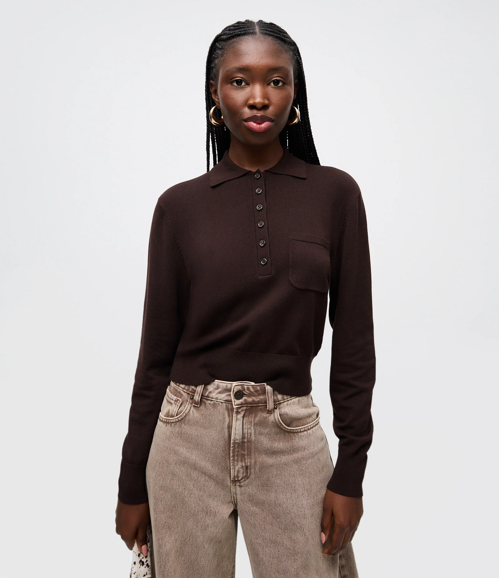 Blusa Manga Longa em Tricô com Gola Polo e Bolso Frontal Marrom 1